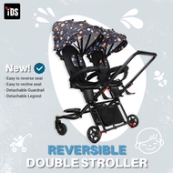 [iDS] New Dual Facing Foldable Reclining Reversible Twin Stroller Double Stroller Twin Pram Extended Push Handle