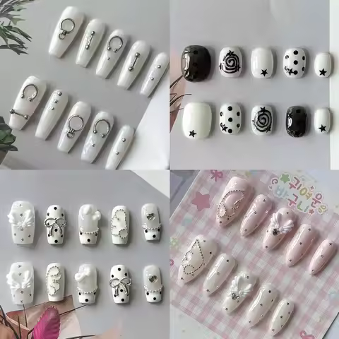 Kawai Sweet Retro Princess Star Wings Press On Nails Art Y2K Handmade Simple Dots Pearl Stars Diamon
