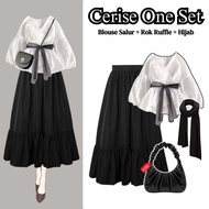 Cerise Set Coquette Suit (Blouse + Ruffle Skirt + Bella Square) One Set Outfit Hijab Kekinian
