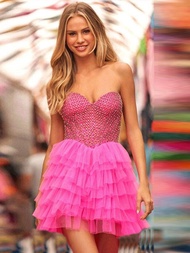 Elegant เพชรตาข่ายชุดสตรี Rose สีชมพูที่ไม่มีสายหนังปิดไหล่ Tulle ชุด Y แขนกุด Ball Gown Club Mini D