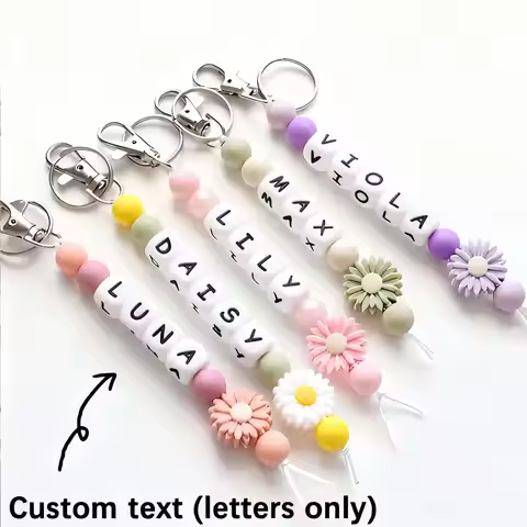 1 personalized custom daisy silicone keychain, beaded keychain, bag/cup charm, name tag keychain, Ch