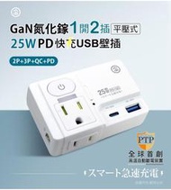 ☆YoYo 3C☆GaN氮化鎵 平壓式1開2插 高溫斷電智慧 PD25W快充 USB壁插 多孔插座