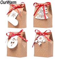 OurWarm 4pcs Kraft Paper Christmas Gift Bags New Year Gifts Candy Bags 4 Style with White Tags Red S
