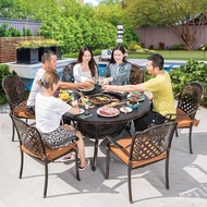 ST-⚓Outdoor Barbecue Table and Chair Cast Aluminum Commercial Outdoor Leisure Charcoal Barbecue Grill Courtyard Table Ho