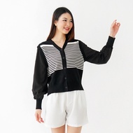 QUEENTIN Cardigan Wanita Rajut 6872 Mix Knit Motif Salur Kombinasi Sifon Polos Lengan Panjang