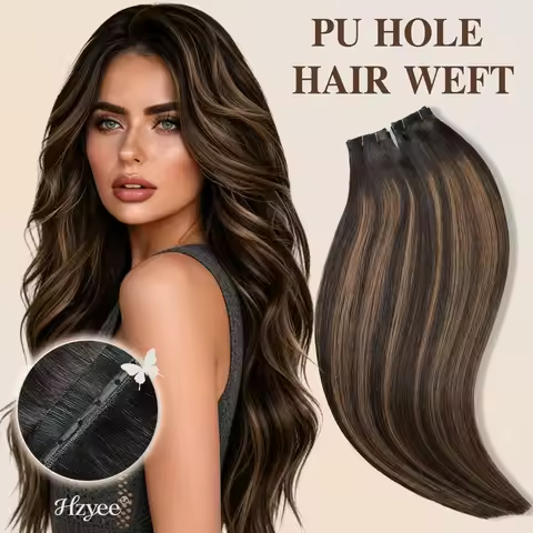Dark Brown Balayage Butterfly Weft Pre-punched PU Hand Tied Two-in-One Sun Kiss Highlight Sew In Mic