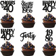 12pcs Black 40th Birthday Cupcake Toppers With Shiny "Happy 40th" Text, 1985 Edition, 40th Anniversa