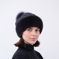 Women's Winter Knitted Beanie Fur Hat With Mink Fur And Fox Fur Pompom For Lady
