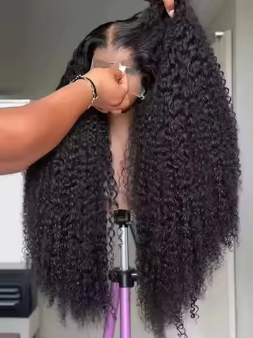 Black Color 13X4x1 HD Lace Frontal Synthetic Wig Ponytail Kinky Curly Preplucked Cosplay Daily Party
