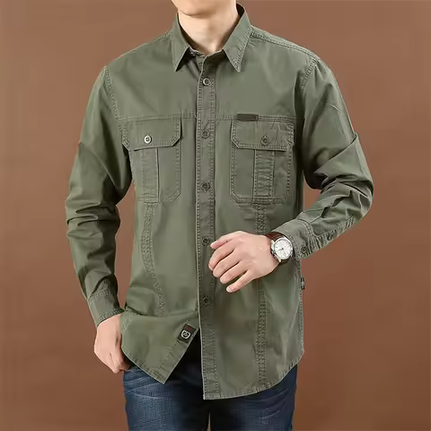 Spring Autumn Cotton Men's Shirt Multi-Pocket Cargo Shirts Casual Outdoor Long Sleeve Tactical Shirt