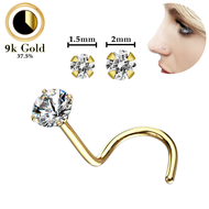 9 ก. สกรูน๊อตจมูกทองคำแท้ 22 ก. (0.6 มม.) พร้อมเขี้ยว 1.5 มม. และ 2 มม. อัญมณี CZ ทรงกลมใส - 9 kt. S