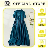 Đầm suông linen cổ sơ mi form rộng màu xanh cổ vịt trẻ trung nữ tính, thời trang phong cách Hàn- Đũi