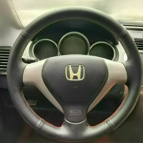 Hand-stitched renovation wear-resistant Non-slip black leather steering wheel cover For Honda Fit GD