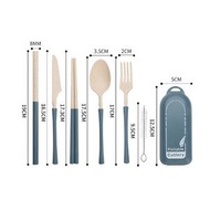 全城热卖 - 【深藍色】創意小麥秸稈豎紋餐具套裝 便攜摺疊 刀叉勺筷吸管餐具 #06 #N258_007_006