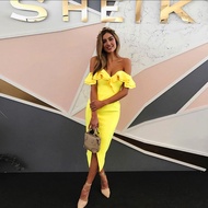 Women Evening Clothing Ruffled Front Split Dress