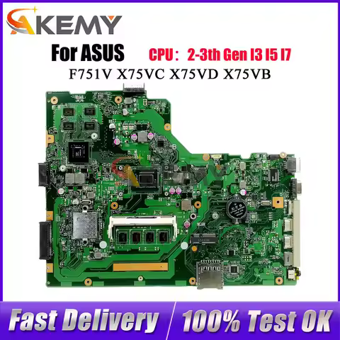 X75VC Laptop Motherboard For ASUS VivoBook X75V F751V X75VB X75VD X75VC Notebook Mainboard With I3 I