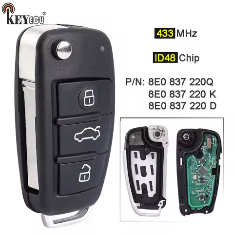 KEYECU 433MHz ID48 Chip 8E0 837 220 Q / 8E0 837 220 K / D Flip Remote Key Fob for Audi A6L Q7 A4 Ava