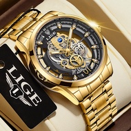 Lige นาฬิกาผู้ชายใหม่นาฬิกาข้อมือควอตซ์โครงกระดูกทองนาฬิกาผู้ชายย้อนยุคนาฬิกาแบรนด์หรูชั้นนำ