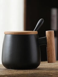 實木手柄馬克杯 陶瓷杯 咖啡杯子水杯帶蓋子勺子廣告LOGO禮品