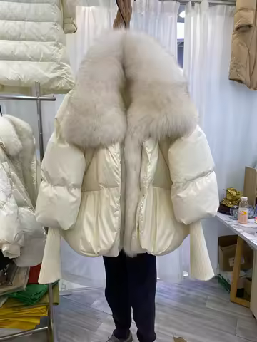 Super Large Real Silver Fox Fur Collar With Knit Sleeve Winter Women Coat White Duck Down Jacket Fas