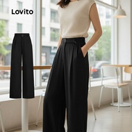 Lovito Seluar Kasual Hitam Wanita Dengan Buckle Logam Dan Poket Tekstur Baik Musim Bunga/Musim Panas