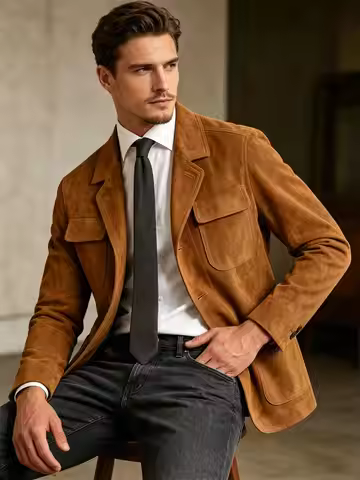 Classic Men's Brown Suede Safari Jacket Vintage Multi-Pocket Casual Blazer Elegant Business Casual F