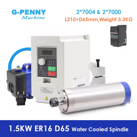 G-Penny CNC 1.5KW ER16 65mm 4 pcs Bearings 24000rpm Water Cooling Spindle Kit & VFD & Pump & Holder 