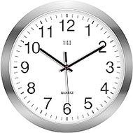 HITO 12 Inch Silent Wall Clock Battery Operated Non Ticking Glass Cover Silver Aluminum Frame, for Kitchen, Bedroom, Home Office, Living Room Decor