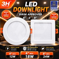 3H Lampu Siling LED Downlight SIRIM Bulat Petak 4" 12W 6" 18W 8" 24W Recessed Siling Plaster