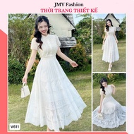 V611, RC673 Long flared cream white lace dress with luxurious design [TH HA LE] silk dress with flar