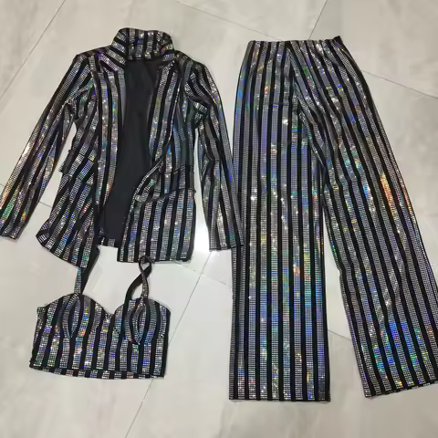 Women Singer Bar Concert Performance Outfit Glitter Sequins Stripes Blazer Bra Pants 3 Piece Set Par