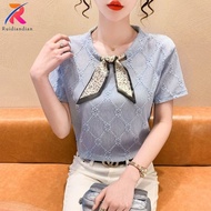 Ruidiandian Korean version new bow tie shirt, age reducing cover, medium hug, hug, short sleeved T-shirt, women's lace shirt