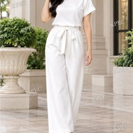 HAZEL 3 Pieces Casual Plain Color Folded Sleeves Top and Pants with Belt - 3 pieces - plain color -