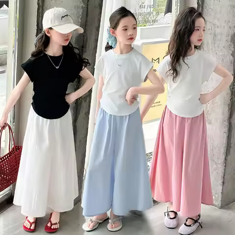 Girls New Suit Children Top Set Summer Short Sleeved T-shirt Pants 2PCS Kid Solid Color Outfits Teen