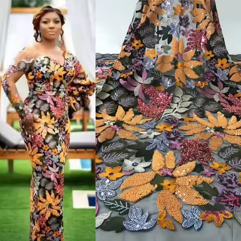1 Yards 3D Embroidery Mesh Flower Colorful Thread Sequin Fabric Mesh African Lace Sequin Fabric For 