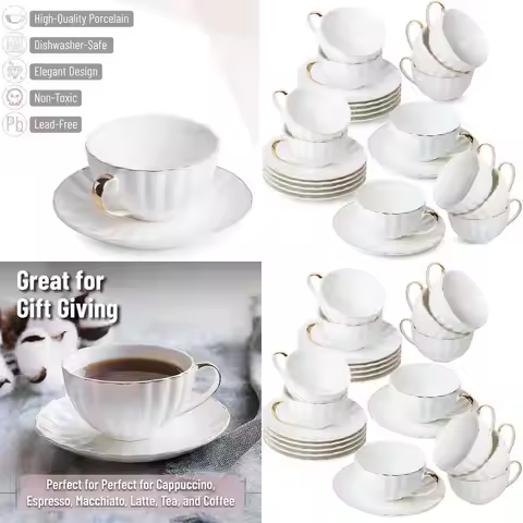 Set of 12 Porcelain White Tea Cups with Golden Rims, 7 oz, Dishwasher Safe, Ideal Christmas Gift