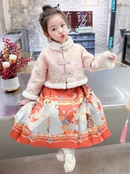 ชุดกระโปรงหน้าม้าสำหรับเด็กชุดราชวงศ์ถังแบบจีนแบบใหม่สำหรับฤดูหนาวชุดสองชิ้นชุดจีนโบราณชุดฮั่นฟู