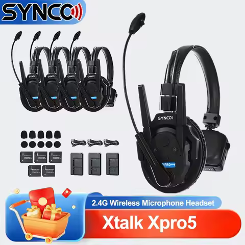 Synco Xtalk XPro5 Wireless Intercom System with 5 Single-Ear Headsets (2.4 GHz) Full Duplex Single-E
