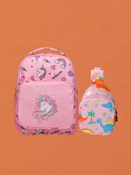 Conjunto de 2 mochilas impresas al azar con lindos dibujos animados de unicornio y dinosaurio para niños y niñas, adecuado para uso diario o escolar, incluye una bolsa de cintura