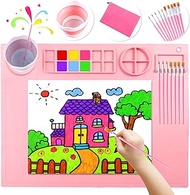 DIYDEC Silicone Craft Mat with Detachable Cup 20X16 Inch Large Silicone Painting Mat for Kids Art Mat with 10 Painting Brushes Silicone Drawing Mat Sheets for Adult DIY Gift Accessories (Pink)