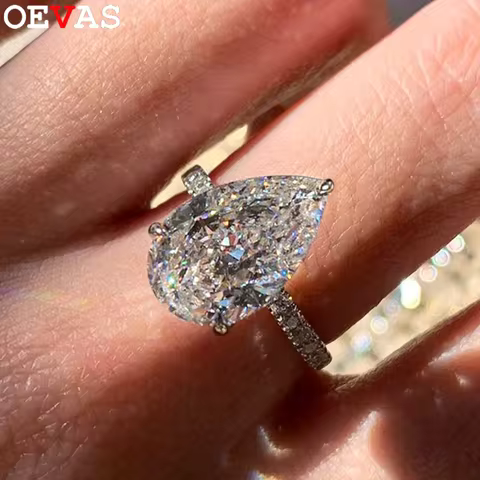 OEVAS 6CT 10*14mm Pear Cut Moissanite Ring for Women S925 Silver Plated 18K Gold Sparkling Lab Diamo
