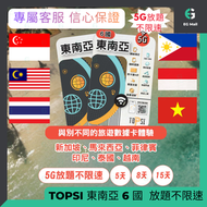 東南亞 6國 5日 5G數據放題不限速 新加坡 馬來西亞 菲律賓 印尼 泰國 越南 外遊數據卡 數據上網卡 旅行 使用限期 31/04/2027
