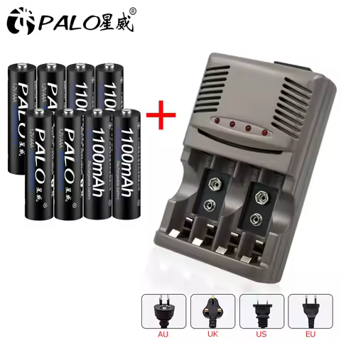 PALO 4 Slots LED Light Battery Charger For NiCd NiMH AA AAA 6F22 9V 1.2V Rechargeable Batteries + 8P