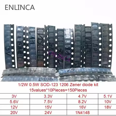 150Pieces 15 values Zener diode kit SOD-123 1206 SOD-323 0.5W Zener diode SMD package 15values*10pcs