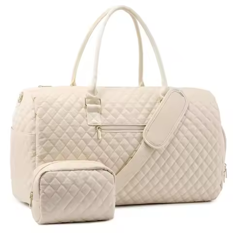 Elegant Quilted Weekender Duffel Bag Large Capacity Travel Gym Bag with Detachable Small Pouch Women