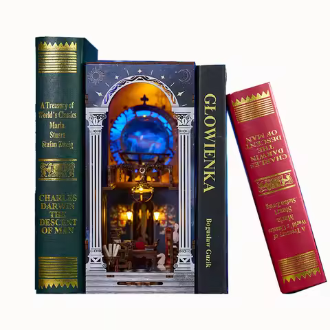 DIY Wooden Book Nook The Secret Scroll Of The Galaxy Figurines Miniatures Bookend Handmade Bookshelf