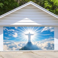 Jesus Cross Garage Door Backdrop, 8 x 7 ft Easter Jesus Christ in The Sky Resurrection Heavenly Ligh