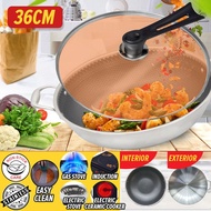 Chiaw77 [ 36CM ] Smokeless & Nonstick Honeycomb Kitchen Cooking Wok with Glass Lid