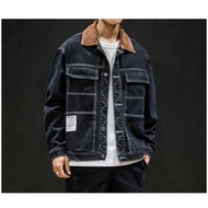 448 Pocket patchwork male demin coat streetwear casusal jeans jacket