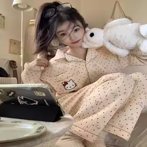 New Hello Kitty Cardigan Womens Pajamas Set Cartoon Cotton Home Loungewear Long Sleeve Thickened Kaw